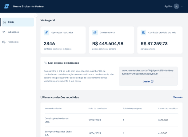 Visualização do homebroker for partner